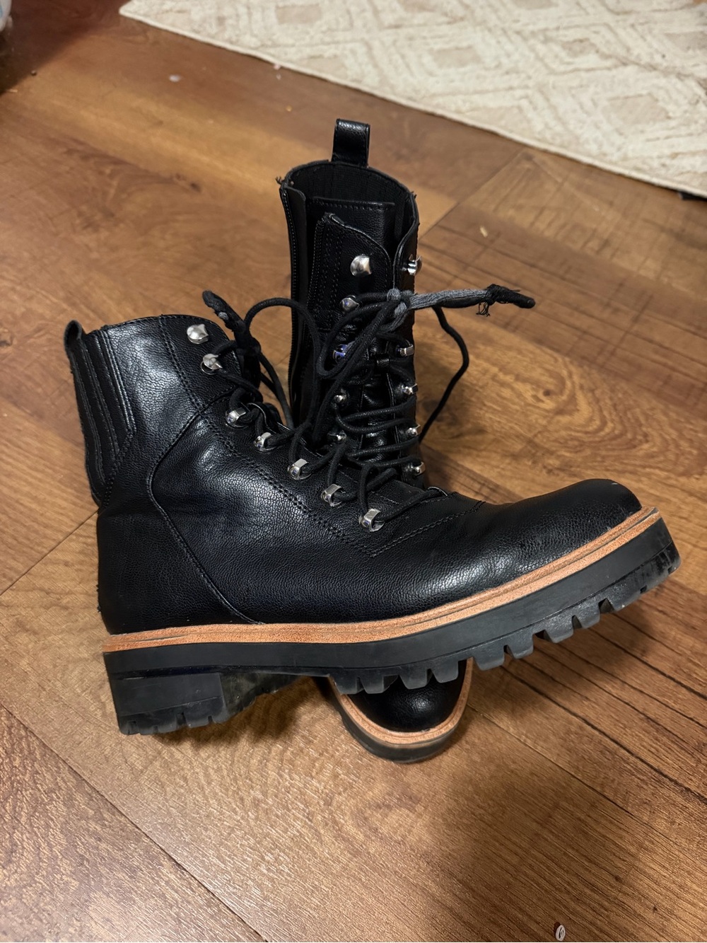 Nine West Black Leather Combat Boots with Lug Sole